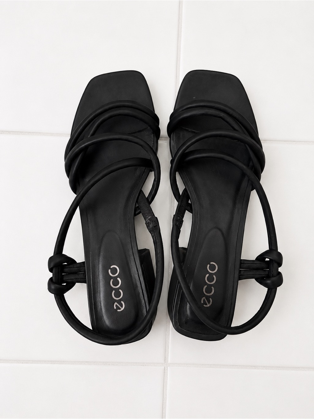 Ecco Black Strappy Square-Toe Leather Sandals